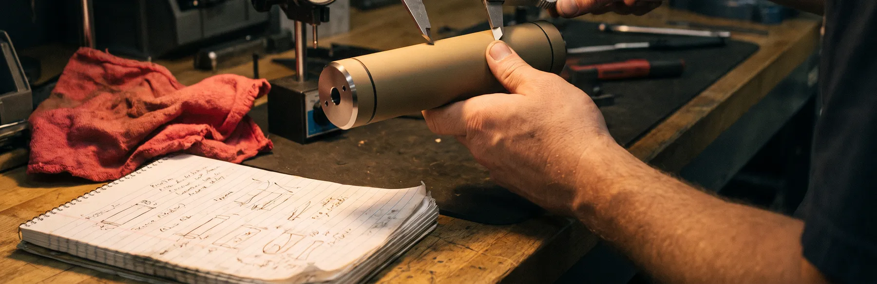 Measuring a can with calipers on the workbench