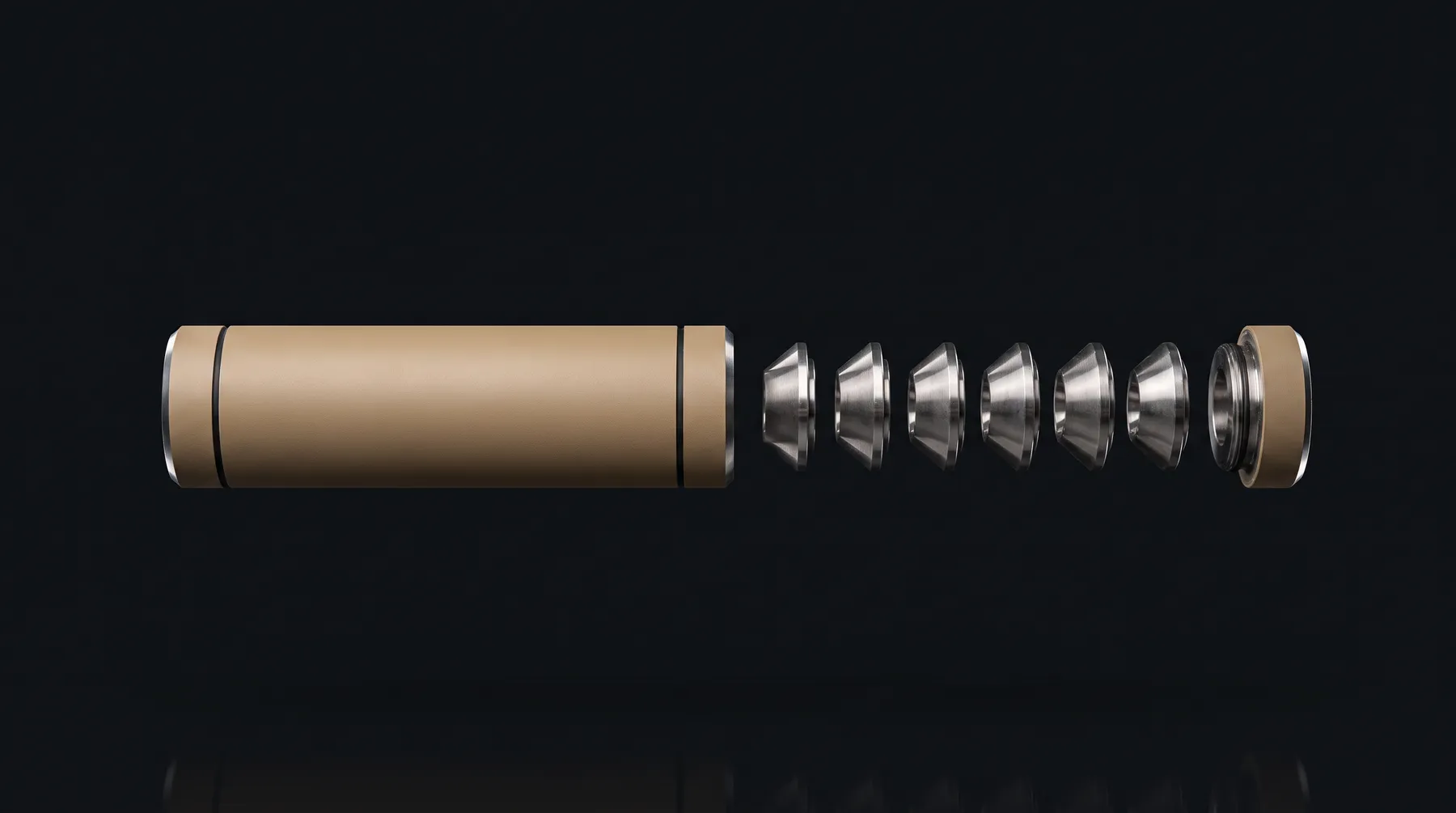 Exploded view of a rifle suppressor: tube, cone baffles and rear mount